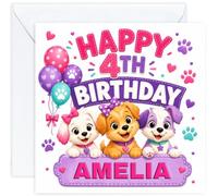 Personalised Girls 4th Birthday Card - Puppy Party - Name