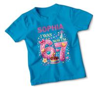 Personalised Girls 7th Birthday T-Shirt | Custom Name I was 6 Now Im 7 Kids Tee | Daughter Gift Ideas & Funny Birthday Gift | Pink Heart Design Top for Girls Age 7 Azure Blue