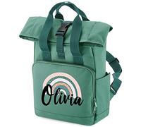 Personalised Girls Backpack Pastel Rainbow and Name - Mini Roll Top School Rucksack - Toddlers Nursery Back Pack or Baby Girl Nappy Changing Bag for Newborn, One Size, Sage Green