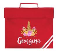 Personalised Girls Floral Unicorn Book Bag for Back to School Primary Reception Kids Custom Name New Term Reading Folder, One Size, Red