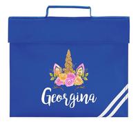 Personalised Girls Floral Unicorn Book Bag for Back to School Primary Reception Kids Custom Name New Term Reading Folder, One Size, Bright Royal