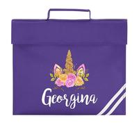 Personalised Girls Floral Unicorn Book Bag for Back to School Primary Reception Kids Custom Name New Term Reading Folder, One Size, Purple