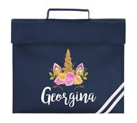 Personalised Girls Floral Unicorn Book Bag for Back to School Primary Reception Kids Custom Name New Term Reading Folder, One Size, French Navy