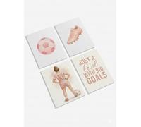 Personalised Girls Football Wall Art, Set of 4 A4 Prints, Custom Name & Number, Pink Watercolour, Multi-Colour, 21 x 29.7 cm