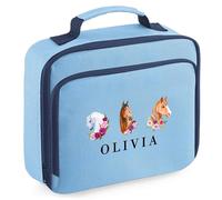 Personalised Girls Horse Lunch Bag Floral Horse School Design for Kids Toddler Infant Daughter Back to School Nursery, 24cm x 20cm x 8cm, Light Blue