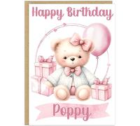 Personalised Girls Pink Teddy Bear Birthday Cards - Custom Add Own Child's Name - 7 Designs Pyjamas Moon Cupcake Standing Balloons Present Cake - Cute Kids Card (Cardigan)