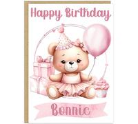 Personalised Girls Pink Teddy Bear Birthday Cards - Custom Add Own Child's Name - 7 Designs Pyjamas Moon Cupcake Standing Balloons Present Cake - Cute Kids Card (Balloons & Present)