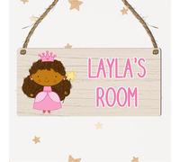 Personalised Girls Princess Theme Rectangle Hanging Room Plaque - MDF Wood, Custom Crown, Princess, Castle Door Sign, Thoughtful Birthday Keepsake Present (Brown Hair)