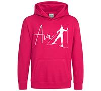 Personalised Girls Skiing Hoodie, Ideas for Daughter Birthdays, Back to School Gifts for Girls Who Enjoy Skiing, 12-13 Years, Bright Pink