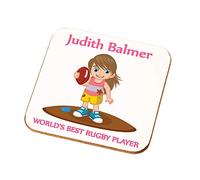 Personalised Girls Worlds Best Rugby Player Coaster Gift Daughters Rugby Present (Brown Hair White Skin)
