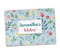 Personalised Glass Chopping Board - Kitchen Worktop Saver - 40cm x 30cm - Blue with Flowers