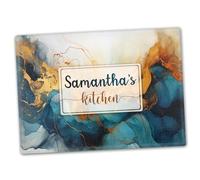 Personalised Glass Chopping Board, Mixed Blue and Gold Marble Design, Cutting Board, Kitchen Worktop Saver 40cm x 30cm, Wedding, Anniversary, Housewarming, New Home, Birthday, Gift for Chefs or Cook