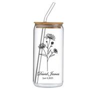 Personalised Glass Cup, Custom Name Birth Flower Tumbler, 16oz Coffee Cup, Bamboo Lid with Straw, Gift for Women, Mother's Day, Birthday, Anniversary Present (I)