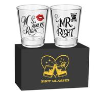 Personalised Glass Shot Glasses, Mr Right and Ms Always Right Shot Glass Set, 60ml Set of 2 with Gift Box for Men, Women, Wedding & Party Durable and Reusable Shot Glasses for Home,Bars & Party