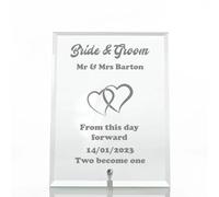 Personalised Glass Wedding Plaque, Custom Engraved Heart-Shaped Design, 15x10 cm or 18x13 cm, Clear Gift for Bride and Groom