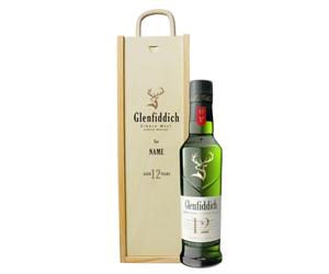 Personalised Glenfiddich 12 Year Old Single Malt Scotch Whisky Gift Set - 35cl Bottle | Custom Wooden Presentation Box | Premium Mini Whisky Gift for Him or Her by Beerhunter (40% ABV)