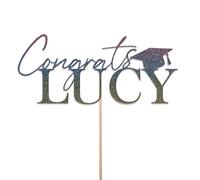 Personalised Glitter Graduation Cake Topper By KreateSquare - Congrats Graduation Hat - Customisation with any Name - Ideal for University Students. (Pastel Rainbow)