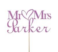 Personalised Glitter Wedding Cake Topper by KreateSquare - Custom Colour Customisable With Any Name - Mr and Mrs Rustic Design - Cake Decoration For Wedding (Purple)