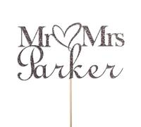 Personalised Glitter Wedding Cake Topper by KreateSquare - Custom Colour Customisable With Any Name - Mr and Mrs Rustic Design - Cake Decoration For Wedding (Grey)