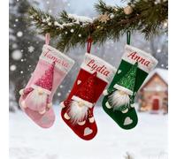 Personalised Gnome Christmas Stocking with Name Embroidered - 4 Pcs Large Stocking Christmas 18.5inch/47cm- Christmas Festive Decor Red/Green/Pink