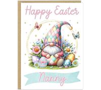 Personalised Gnome Happy Easter Card - Cute Gonk in Egg Basket Happy Easter Greetings Cards For Family - Custom Own Name Gift for Grandma Nanna Mummy Mum Friend (Design 8)