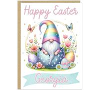 Personalised Gnome Happy Easter Card - Cute Gonk in Egg Basket Happy Easter Greetings Cards For Family - Custom Own Name Gift for Grandma Nanna Mummy Mum Friend (Design 9)
