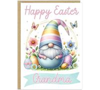 Personalised Gnome Happy Easter Card - Cute Gonk in Egg Basket Happy Easter Greetings Cards For Family - Custom Own Name Gift for Grandma Nanna Mummy Mum Friend (Design 3)