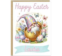 Personalised Gnome Happy Easter Card - Cute Gonk in Egg Basket Happy Easter Greetings Cards For Family - Custom Own Name Gift for Grandma Nanna Mummy Mum Friend (Design 2)