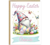 Personalised Gnome Happy Easter Card - Cute Gonk in Egg Basket Happy Easter Greetings Cards For Family - Custom Own Name Gift for Grandma Nanna Mummy Mum Friend (Design 7)