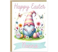 Personalised Gnome Happy Easter Card - Cute Gonk in Egg Basket Happy Easter Greetings Cards For Family - Custom Own Name Gift for Grandma Nanna Mummy Mum Friend (Design 5)