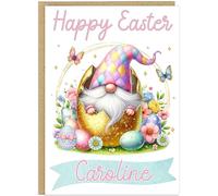 Personalised Gnome Happy Easter Card - Cute Gonk in Egg Basket Happy Easter Greetings Cards For Family - Custom Own Name Gift for Grandma Nanna Mummy Mum Friend (Design 6)