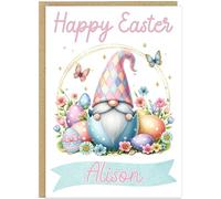 Personalised Gnome Happy Easter Card - Cute Gonk in Egg Basket Happy Easter Greetings Cards For Family - Custom Own Name Gift for Grandma Nanna Mummy Mum Friend (Design 1)