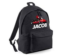 Personalised Go Kart Backpack, Boys Back to School Bags, Custom Gifts for Kids Who Love Fast Cars, Primary and Nursery Child Back Pack, Boys and Girls, One Size, Black