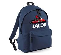 Personalised Go Kart Backpack, Boys Back to School Bags, Custom Gifts for Kids Who Love Fast Cars, Primary and Nursery Child Back Pack, Boys and Girls, One Size, Navy