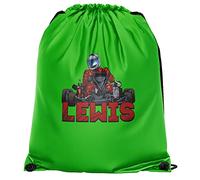 Personalised Go Kart Drawstring Bag, Custom Back to School and Nursery Gifts for Boys, Ideal Bag for Boys Who Love Go Karting, Essential Kids PE Kit Swimming Bag, One Size, Lime Green