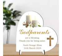 Personalised Godparents Heart Plaque Christening Gift Custom Name & Date Religious Keepsake MDF Wood or Acrylic Baptism Present For Godmother and Godfather (Candle Design, MDF Wood)