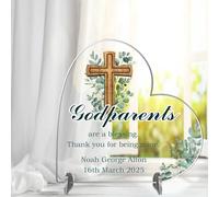 Personalised Godparents Heart Plaque Christening Gift Custom Name & Date Religious Keepsake MDF Wood or Acrylic Baptism Present For Godmother and Godfather (Green Leaves Design, Acrylic)
