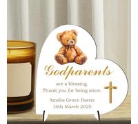Personalised Godparents Heart Plaque Christening Gift Custom Name & Date Religious Keepsake MDF Wood or Acrylic Baptism Present For Godmother and Godfather (Teddy Bear Design, MDF Wood)