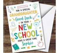 Personalised Going To New School Card For Granddaughter Bright Doodle | Custom Greetings Card For Going To New School Any Text Inside & Out