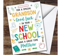 Personalised Going To New School Card For Grandson Bright Doodle | Custom Greetings Card For Going To New School Any Text Inside & Out