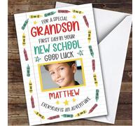 Personalised Going To New School Card For Grandson Photo Crayons | Custom Greetings Card For Going To New School Any Text Inside & Out