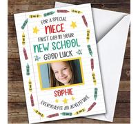 Personalised Going To New School Card For Niece Photo Crayons | Custom Greetings Card For Going To New School Any Text Inside & Out