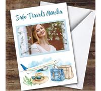 Personalised Going Travelling Card For Anyone Photo Blue Aeroplane Bags | Personalized Custom Unique Greetings Card For Going Travelling Any Text Inside & Out
