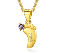 Personalised Gold Birthstone Pendant Baby Feet Print Necklace Engraved Name Date Feet Jewellery for Mum Daughter Mother