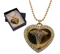 Personalised Gold Crystal Heart Medical SOS ID Tag Pendant Engraved - Enter Your Custom Text