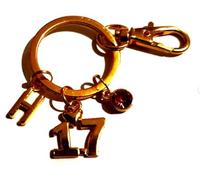 Personalised Gold Tone 17th Birthday Keychain with Initials & Birthstone in a Velvet Gift Bag. Seventeenth, Seventeen, Number 17 Anniversary Keyring.