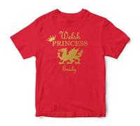 Personalised Gold Welsh Princess T Shirt Girls St Davids Day Tee Kids Wales Dragon Cymru Top, 5-6 Years, Red