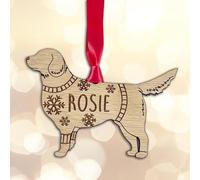 Personalised Golden Retriever Dog Christmas Tree Bauble Decoration, Wearing a Dog Jumper Design with Snowflakes, Customised Puppy Hanging Ornament, Oak Veneer Wood with Red Ribbon