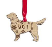 Personalised Golden Retriever Dog Christmas Tree Bauble, Jumper with Snowflakes Design, Oak Veneer Wood or White Wood Decoration with Red Ribbon (Oak Veneer, Decoration Only)
