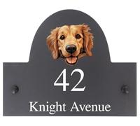 Personalised Golden Retriever Dog Motif Natural Stone Slate House Name or House Number Plaque Sign - 25x20cm - Premium Smooth Stone Slate
